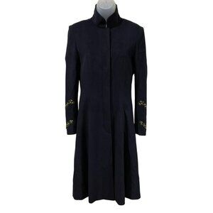 Shanghai Tang Womens Embellished Wool Coat with Leather Trim Black Size 4